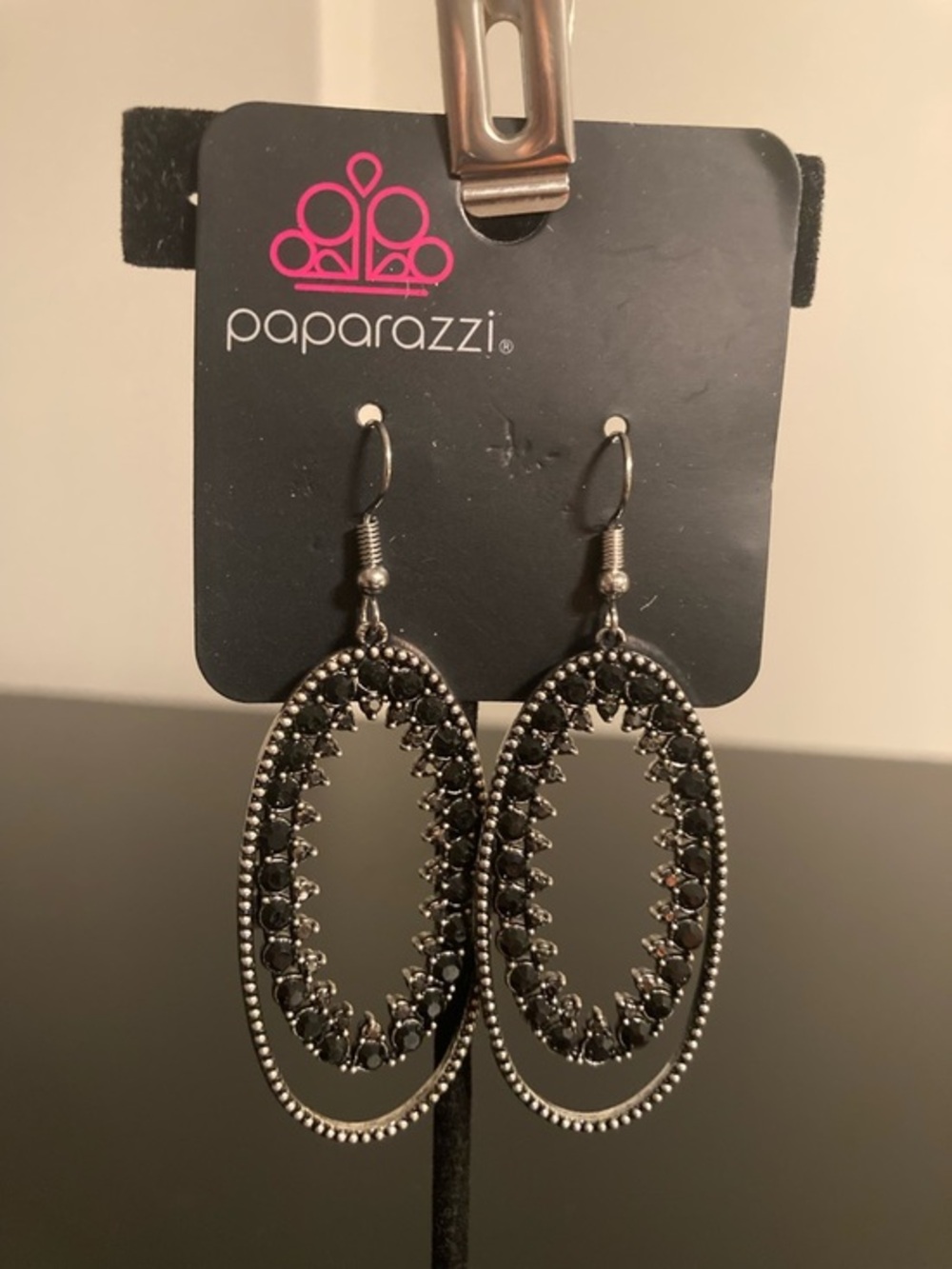 Paparazzi Black Oval Drop Earrings with Dark Rhinestones